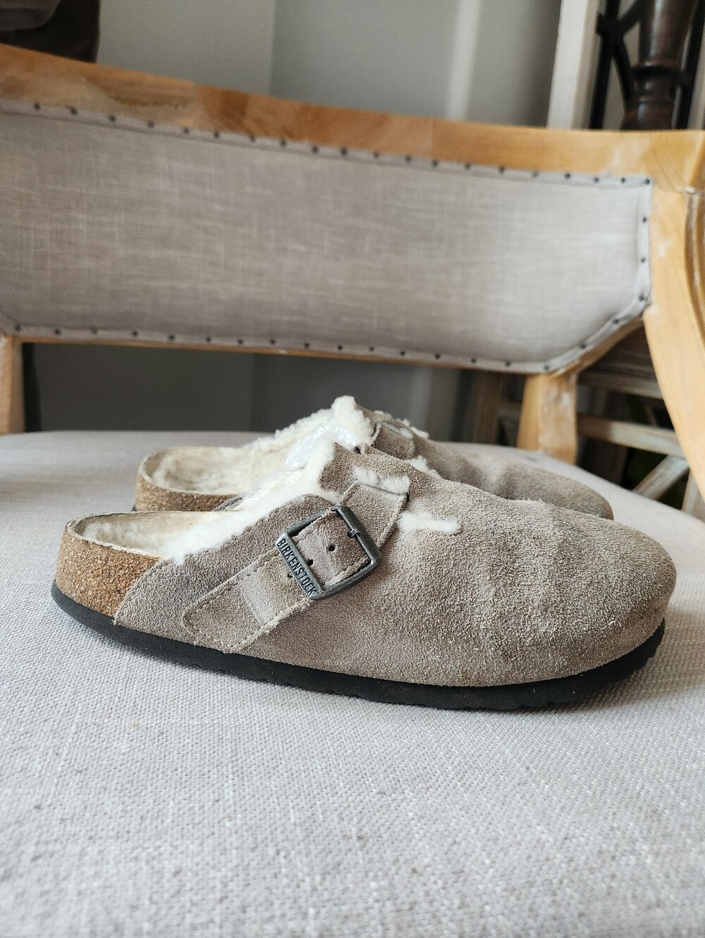 Birkenstock Boston Mule Taupe Suede Shearling Lined Clogs 38 - Picture 5 of 9